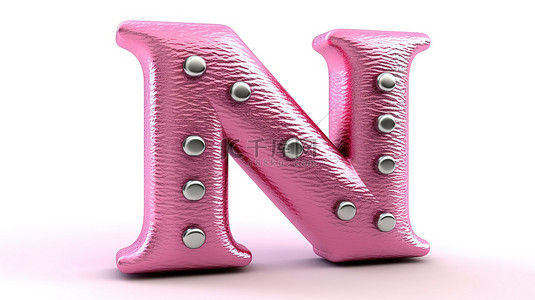 白色背景与大写字母 n 3d 渲染粉红色皮革字体与皮肤纹理