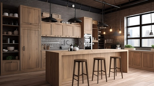 漂亮的家居背景图片_以阁楼为灵感的厨房，在 3D 渲染中拥有漂亮的木质饰面