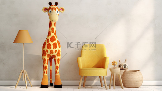 长颈鹿坐在座位上，可爱的泰迪熊在儿童游戏室或托儿所 3D 可视化中