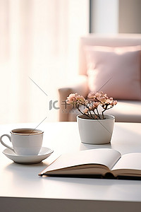 三本笔记本一个咖啡杯和一本白色桌面上的书