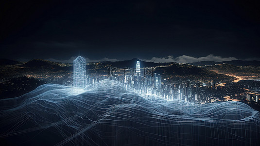 運動城市建筑背景图片_具有照明路径和线框山脉的 3d 令人惊叹的夜景