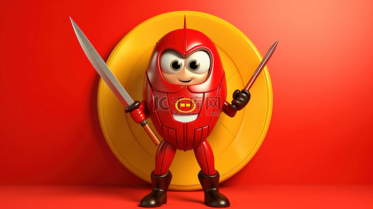 红色背景的背景图片_3d 渲染黄色背景与红色金属保护盾吉祥物角色