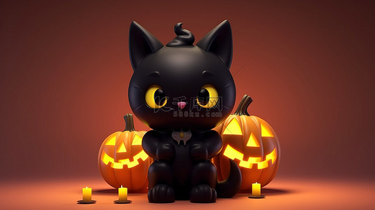 卡哇伊背景图片_搞笑可爱的 3D 万圣节黑猫角色，带有卡哇伊风格