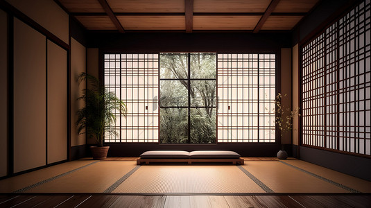 禅宗风格的简约日式房间内饰 3D 可视化