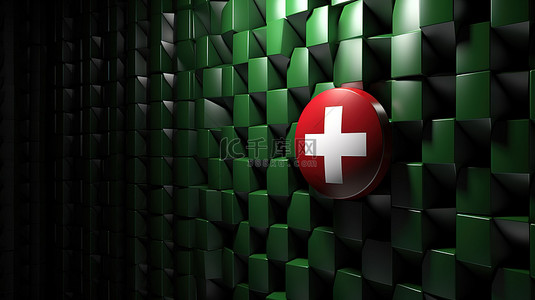落地页按钮背景图片_红十字图标中带有绿色复选标记的黑色盾牌的 3D 渲染