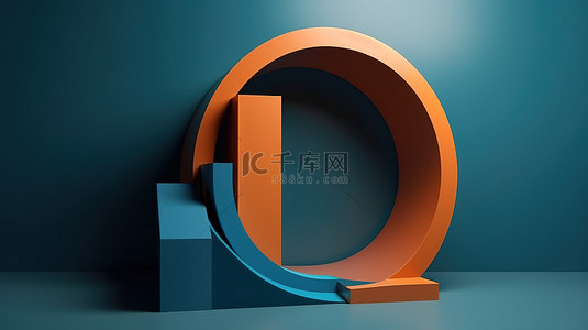 极简主义展示橙色和蓝色 3D 插图中的抽象几何形状
