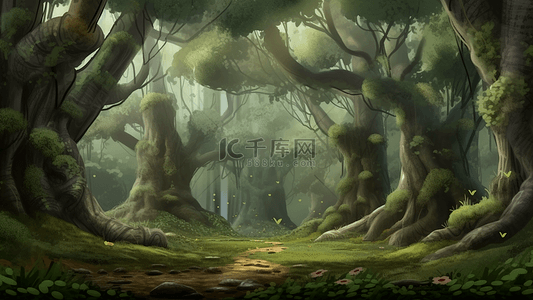 梦幻蘑菇背景图片_森林树神秘草背景