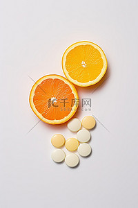 养分背景图片_维生素丸和桌上的橙片