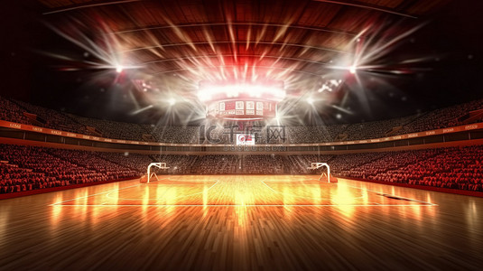 用闪亮的场灯照明的篮球场体育场的 3D 渲染