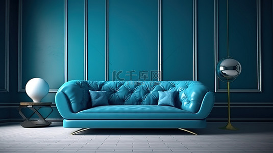 手绘家具沙发背景图片_客厅配有令人惊叹的蓝色沙发 3D 渲染