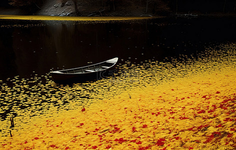 一艘红船在湖中留下黄叶