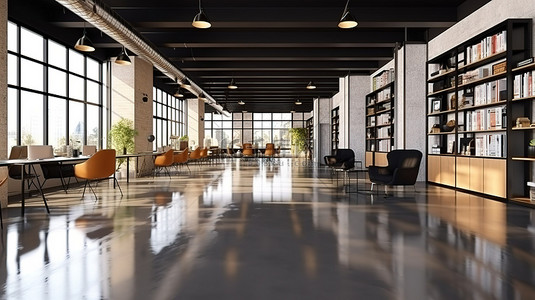 在现代阳光明媚的宽敞大厅中，3D 渲染明亮光滑的地板，配有木质装饰的架子和黑色联合办公空间