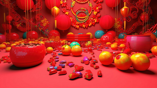 红金色丝带背景图片_3D 渲染中充满活力的中国新年庆祝活动