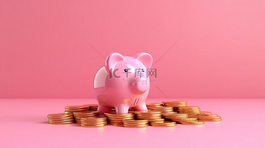 小猪的背景图片_粉红小猪的 3D 渲染与金币象征着金融储蓄和存款增长