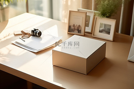 桌子上放着一个装有图片文件和纸张的盒子