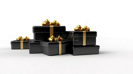 金色丝带装饰黑色礼品盒，白色背景上带有圣诞老人帽子，以 3D 数字渲染