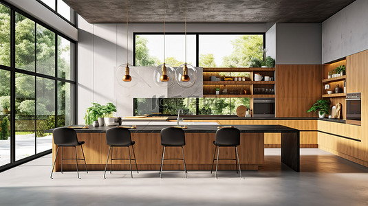 高架厨房设计 现代混凝土岛 时尚的椅子 丰富的台面和通过 3D 渲染创建的令人惊叹的全景窗户