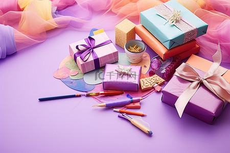 亲子生日会海报背景图片_紫色派对用品和上面的礼品包装