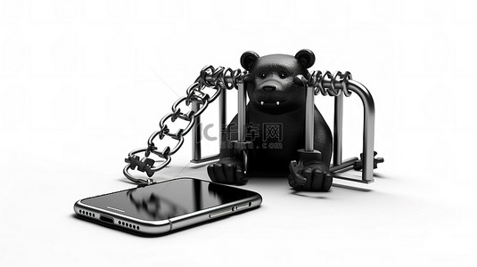 手机小熊背景图片_现代手机与白色背景 3D 渲染上的金属熊陷阱搭配，用于定制设计