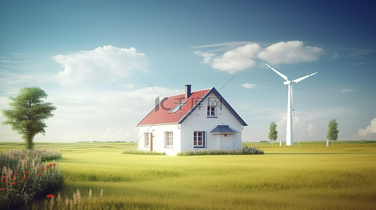 草地树背景背景图片_郁郁葱葱的绿色景观上白色木屋和风车的 3D 插图