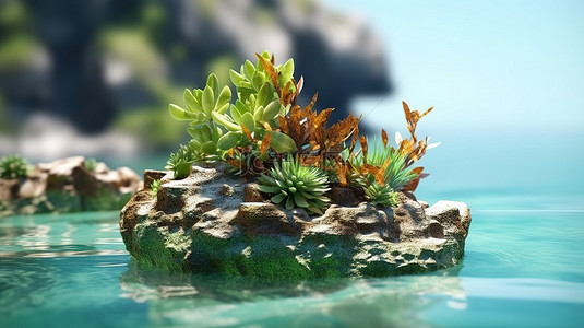 海纳云平台背景图片_3D 渲染的岩石平台，郁郁葱葱的绿色植物，非常适合在海边展示环保产品