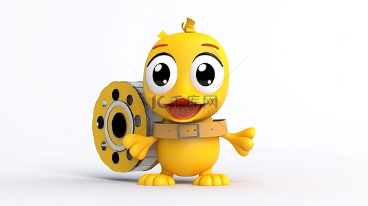 3D 渲染可爱的黄鸭吉祥物，白色背景上带有电影磁带和胶片卷轴
