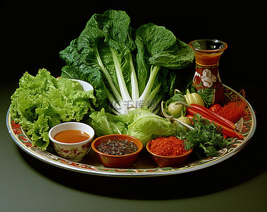 羽衣甘蔬菜背景图片_绿色沙拉配罗勒香菜和花生，是拉差酱