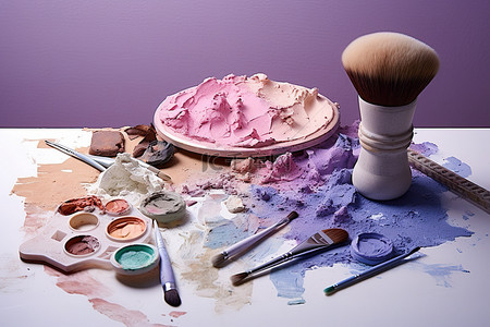 桌上的化妆调色板和刷子有不同的颜色
