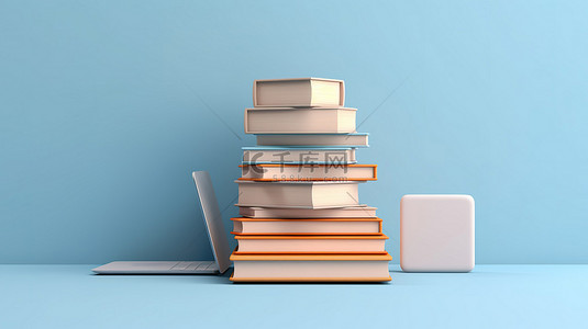 在线课程背景图片_在 3D 渲染中混合技术和学习蓝色墙上的最小笔记本和书籍