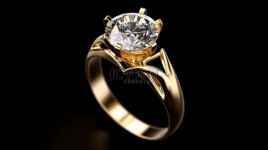 奢华婚礼背景背景图片_黑色背景上镶有钻石的金戒指的 3D 渲染
