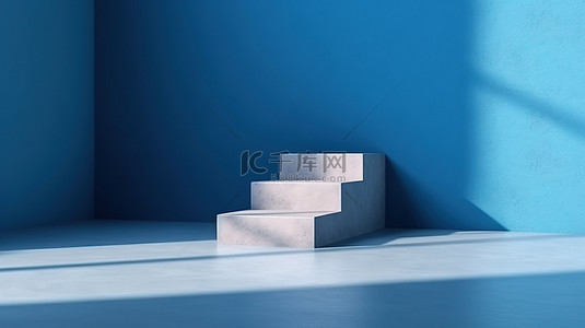 展台台阶背景图片_蓝色房间的 3D 渲染，带有墙壁阴影和小台阶上的讲台