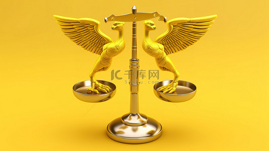 黄色背景，3D 渲染的医疗杖符号作为平衡秤
