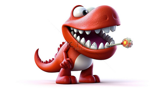 有趣的 3D 深红色恐龙人物抓着一颗牙齿