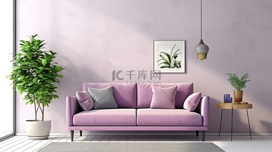3D 渲染的模拟海报显示在现代时髦的室内装饰中，配有时尚的紫罗兰色沙发和白色墙壁上的白色桌子