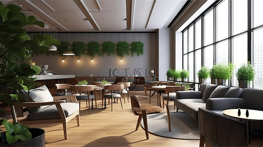 客餐厅空间背景图片_3D 渲染咖啡店或餐厅的休息空间