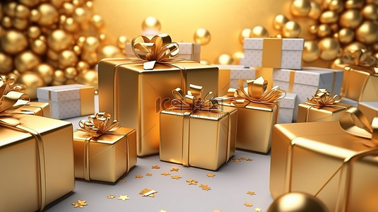 新年快乐、金色背景图片_精心制作的礼品盒的 3D 渲染，带有逼真的金色装饰