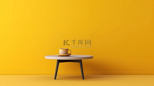 早餐桌面背景图片_空白黄墙上的小桌面 3d 可视化