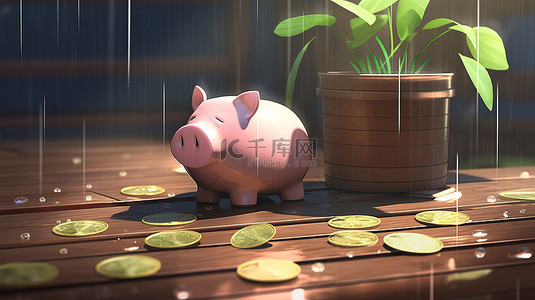 存钱罐硬币和木材背景的金融增长概念 3D 渲染