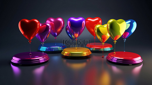 铝箔背景图片_在讲台上用于产品展示的一组彩色 3D 渲染铝箔气球心