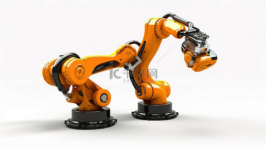 工业机器人手臂背景图片_3D 渲染的白色背景机器人手臂展示了自动化行业的未来
