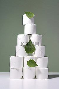白色卫生纸堆显示一片小绿叶