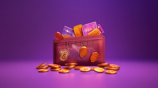 紫色背景上带有浮动硬币的信用卡和钱包，说明无现金社会的概念并通过 3D 渲染省钱