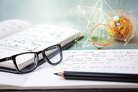 科学书背景图片_一副眼镜，旁边是一本科学公式书，上面画着数学公式