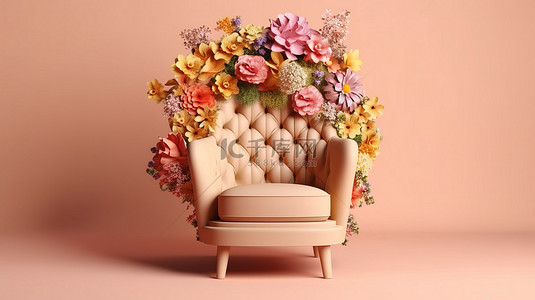 彩色花卉背景背景图片_彩色花卉背景的 3D 渲染，配有粉红色和棕色设置的米色扶手椅
