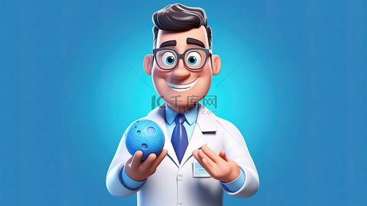 医生医院卡通背景图片_一名男医生拿着一颗蓝色大药丸的 3D 卡通插图
