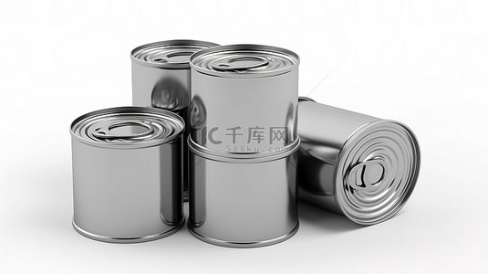 密封食物背景图片_一组密封金属罐，其中一个打开的罐头白色背景 3D 渲染