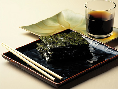 筷子提米背景图片_海带放在盘子里，靠近筷子