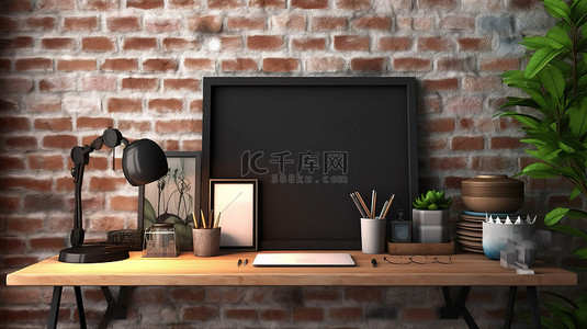 电脑植物背景图片_数字平板电脑模型和用品展示在简单的木制工作台上，复制空间设置在砖墙 3D 渲染上