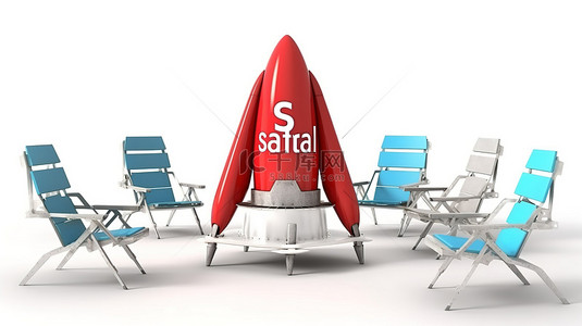 初创公司主题白色背景，带有 3D 渲染火箭，周围环绕着椅子