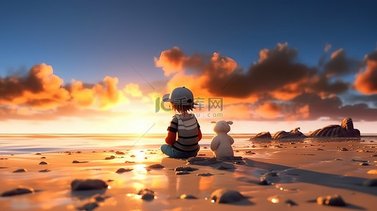 海滩日落时孩子玩耍的 3D 插图